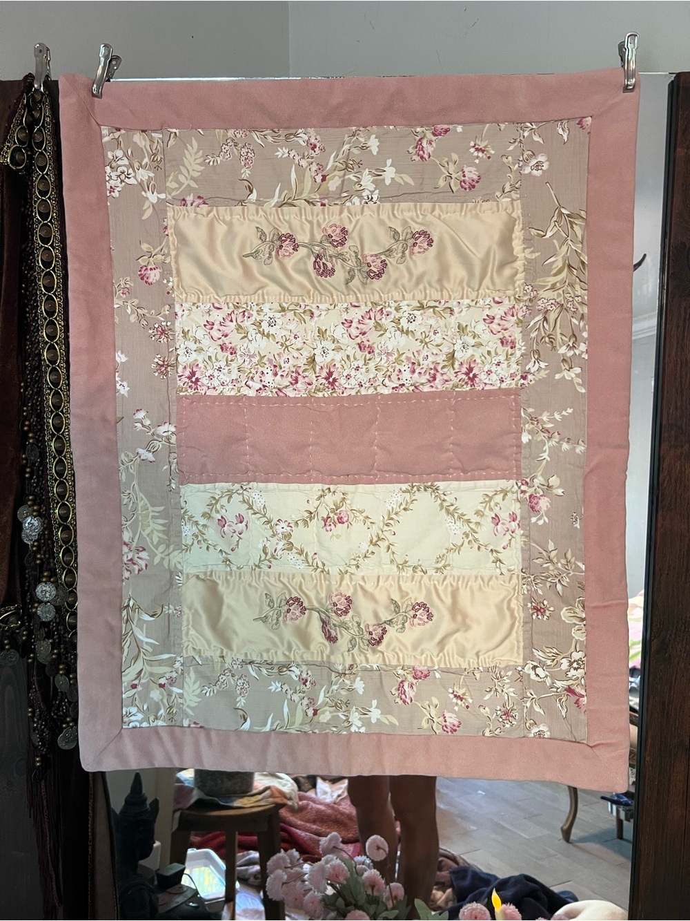 Handmade Floral Patchwork Quilted pillowcases Pink and Cream Standard, Set of 2